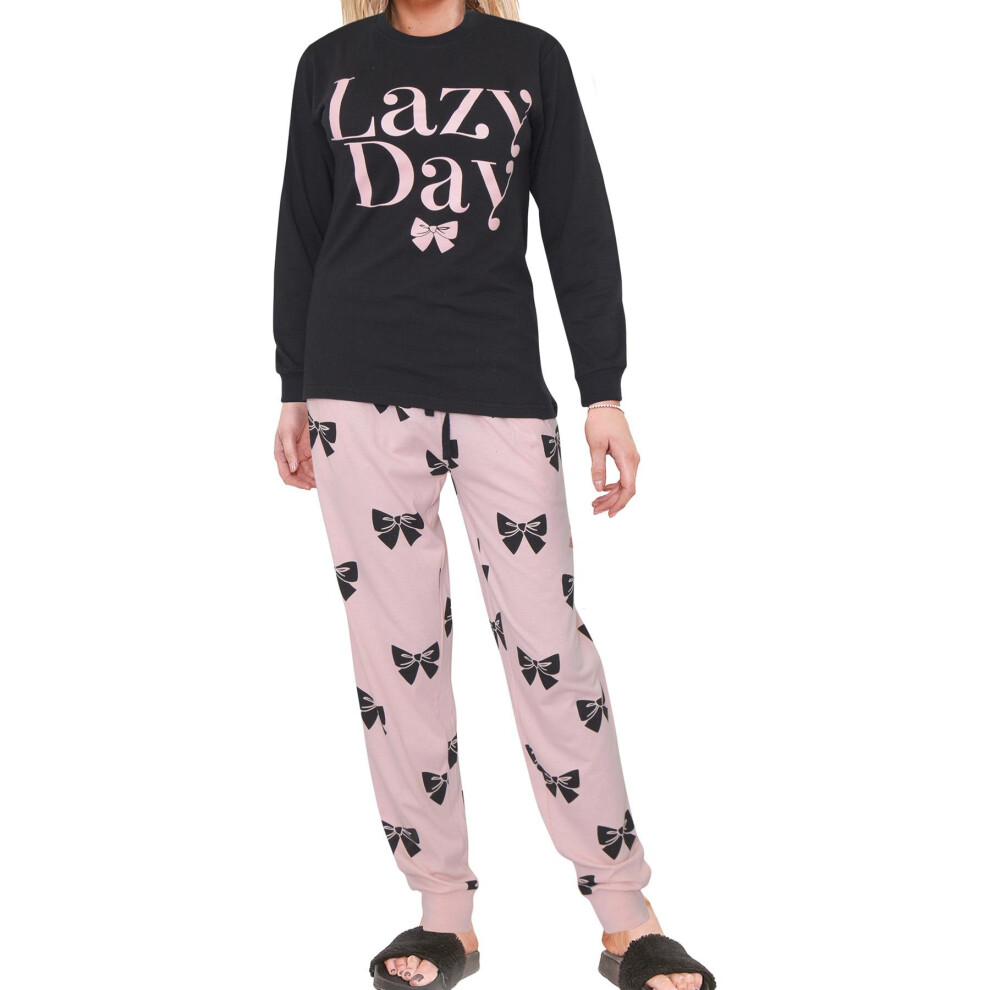 (L, Black) Ladies Lazy Day Print Top & Bottom Pyjamas Set