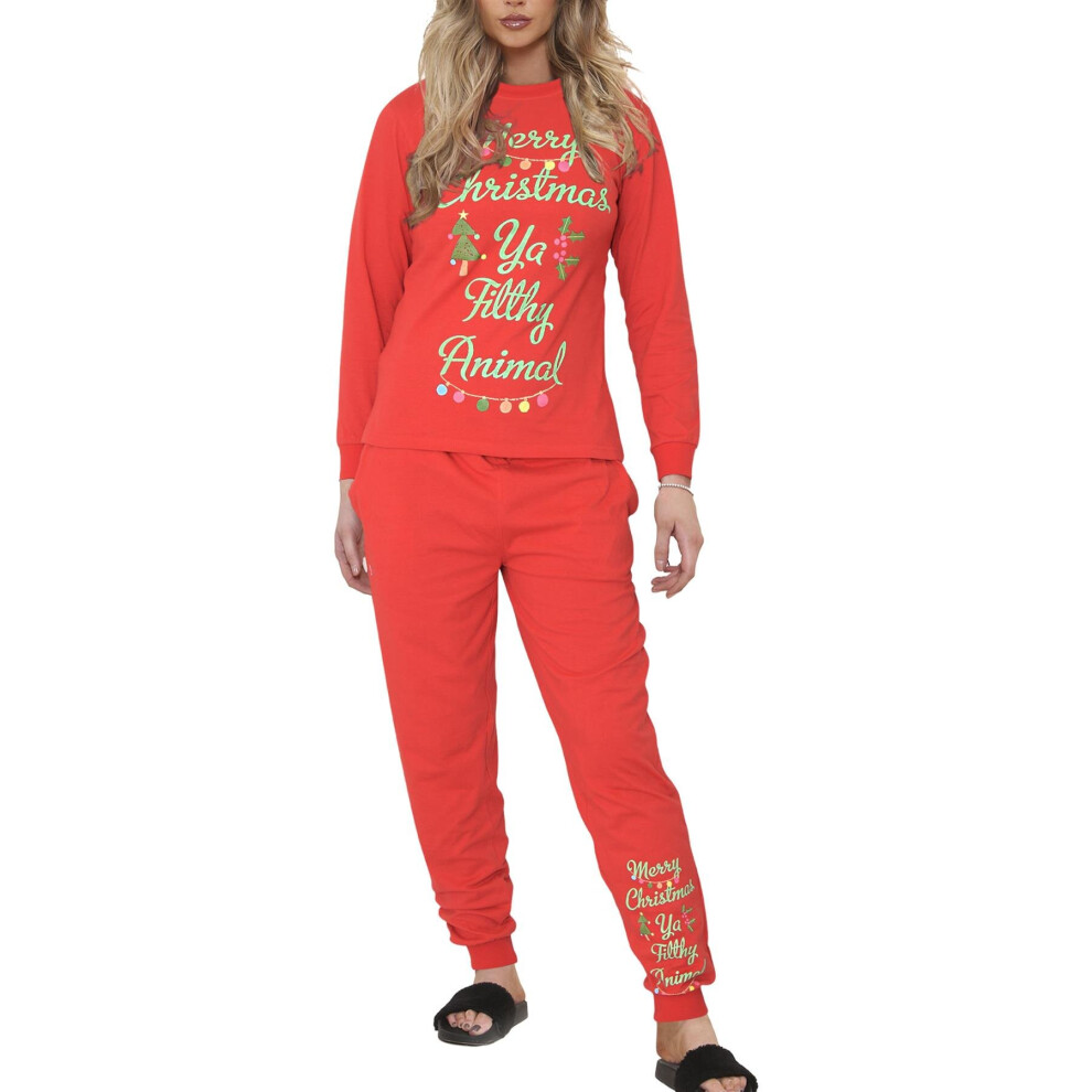 (S, Red) Ladies PJS Red Ya Filthy Animal Printed Xmas Set