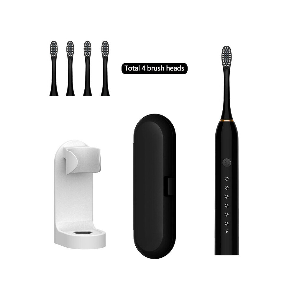 (Black - 4 brush heads + holder + travel case) Sonic electric toothbrush adult soft bristles gift-image-OPC-PB9YYYN-NEW