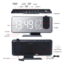 (black) FM Radio LED Digital Smart Alarm Clock Watch Table Electronic Desktop Clocks USB Wake Up Clock with 180° Time Projection Snooze