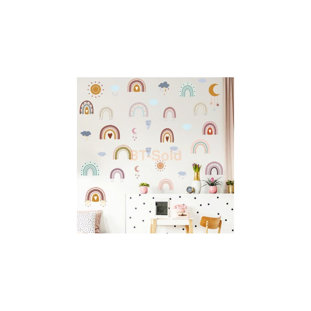 Cute Pastel Rainbow Wall Sticker Decals Nursery Love Heart Clouds Sun Moon Paktoo