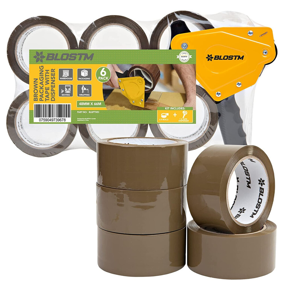 BLOSTM Tape Gun & Strong Packaging Dispenser 6 Rolls Brown Sealing Parcel Boxes