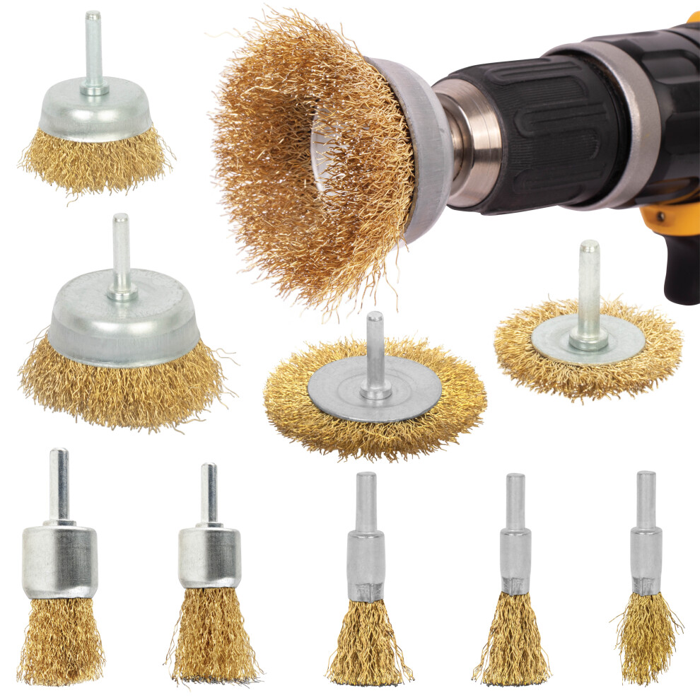Blostm Heavy Duty 9Pcs Steel Wire Brush Drill Brass Coated Attachment Set Kit