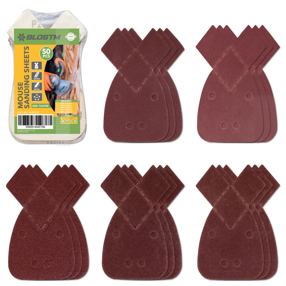 Blostm 50Pcs Detail Palm Mouse Sander Pads 40 To 240 Grit Mouse Sanding 140Mm 5060914440168