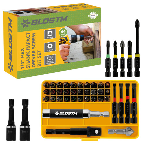 BLOSTM 44 Piece Impact Drill Screw Driver Nut Bit Set 1/4 Hex Shank 1