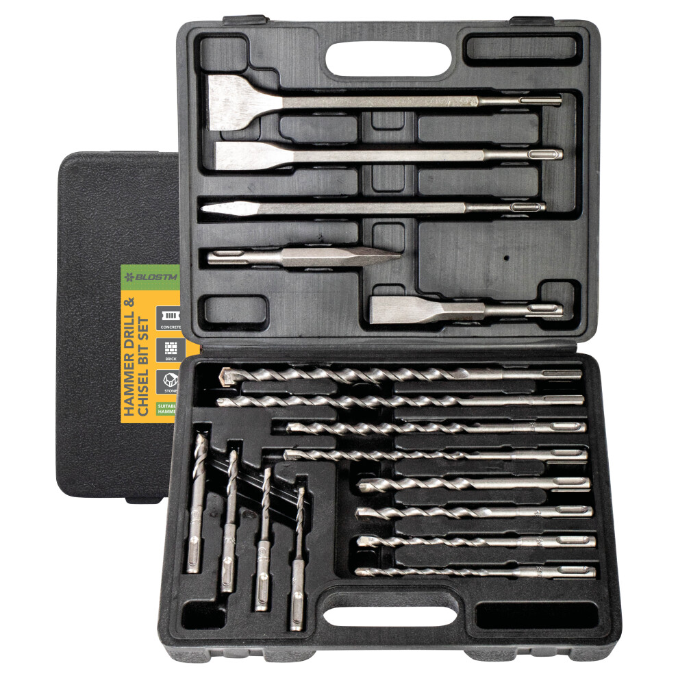 BLOSTM SDS Plus Hammer Drill & Chisel Bit Set Masonry Concrete Tile Brick 17PCS