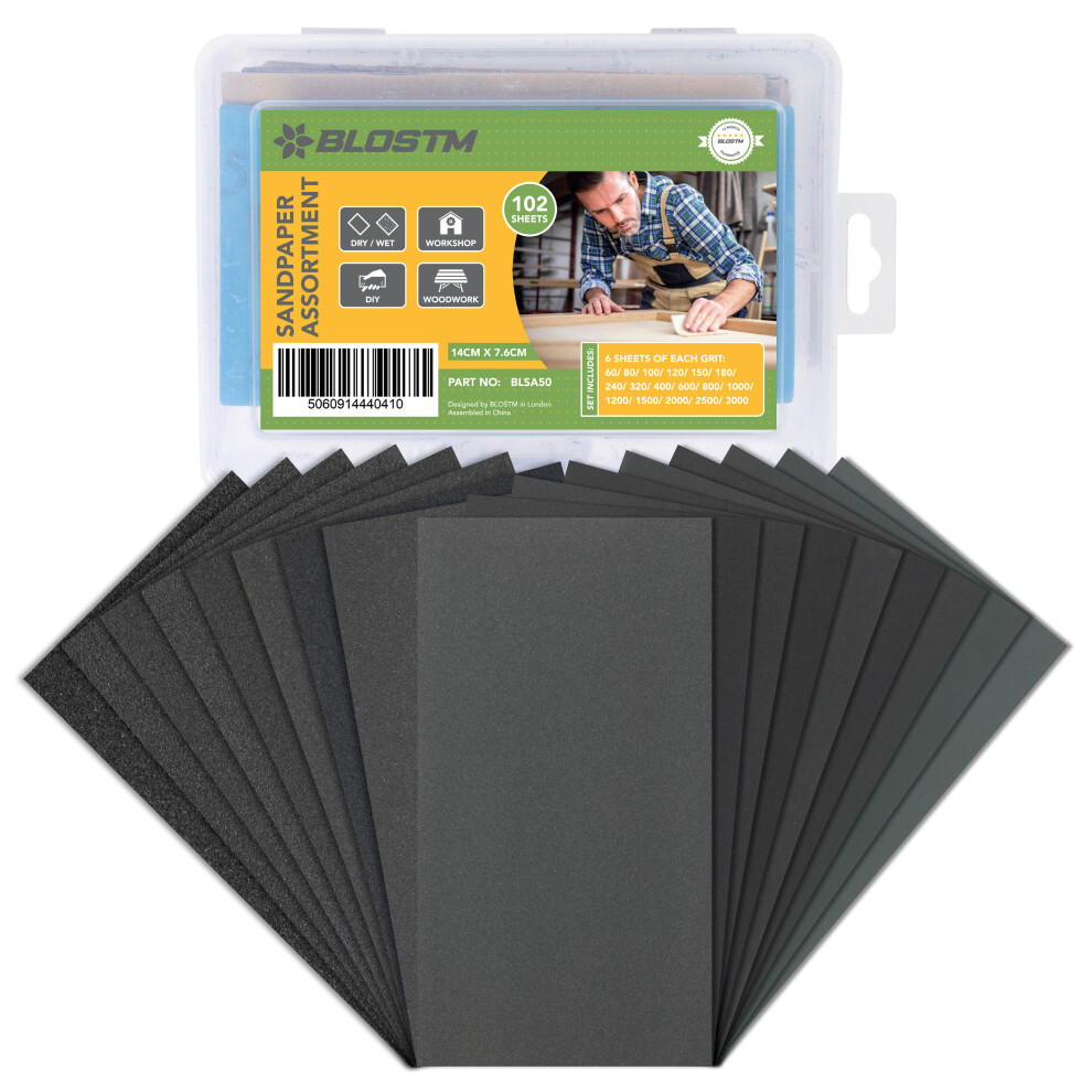 BLOSTM Assorted Sandpaper 102PCS - 60 to 3000 Grit Wet and Dry Wood Metal