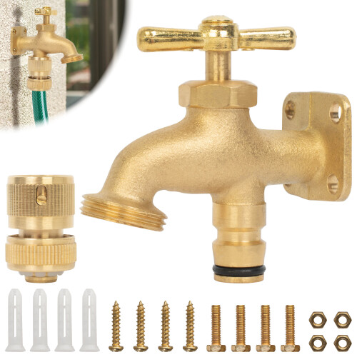 BLOSTM Solid Brass Anywhere Hose Tap Outside Kit Bib Tap ½ 3/4" Quick Connector