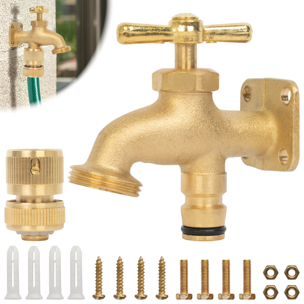 BLOSTM Solid Brass Anywhere Hose Tap Outside Kit Bib Tap Â½ 3/4" Quick Connector