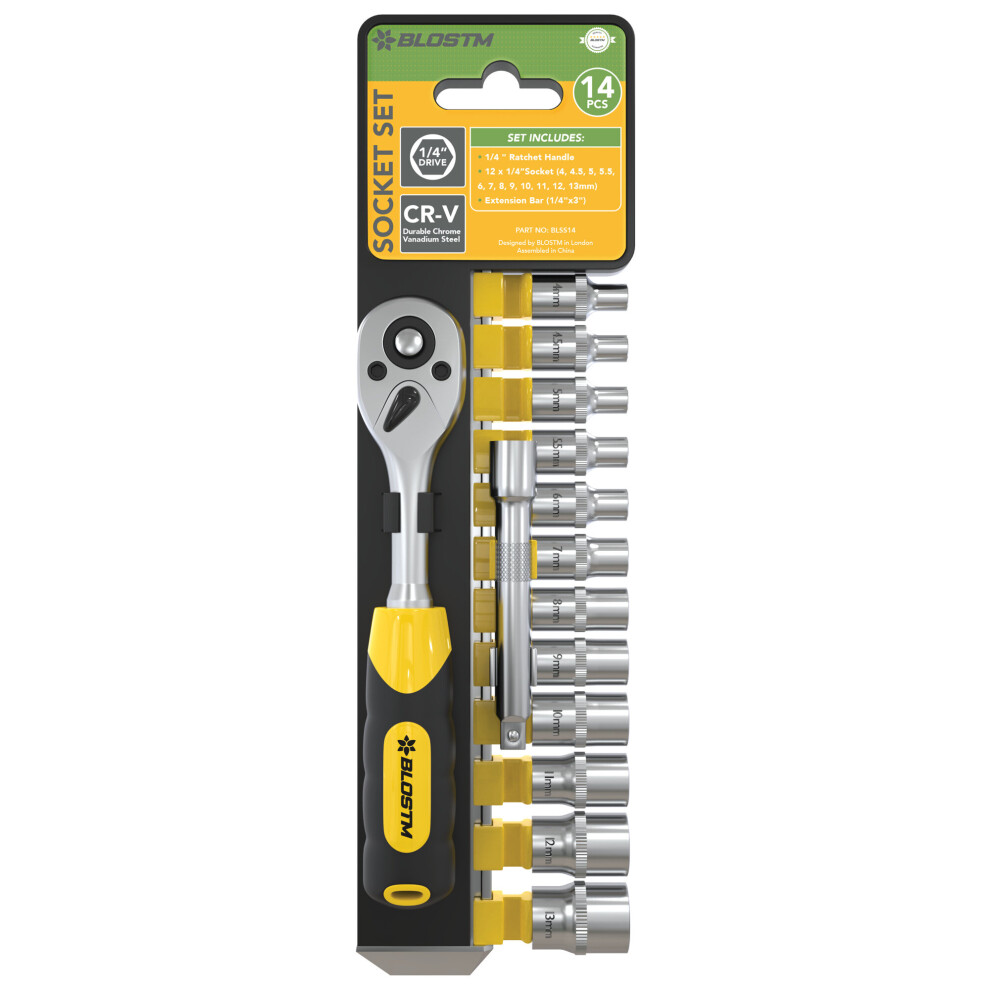 Blostm 14 Piece Socket Set 1/4'' Drive 4-13Mm Quick Release Ratchet Wrench 5060914441134