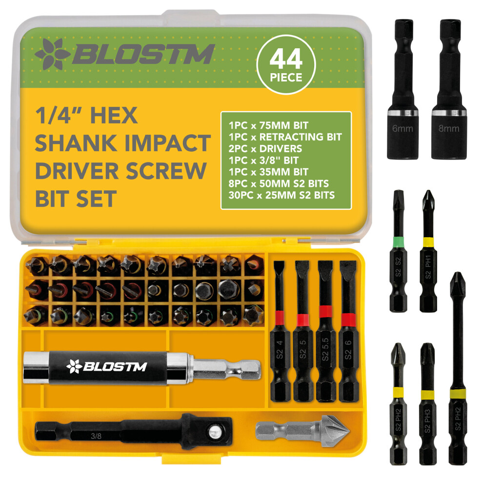 BLOSTM 44 Piece Impact Drill Screw Driver Nut Bit Set 1/4 Hex Shank