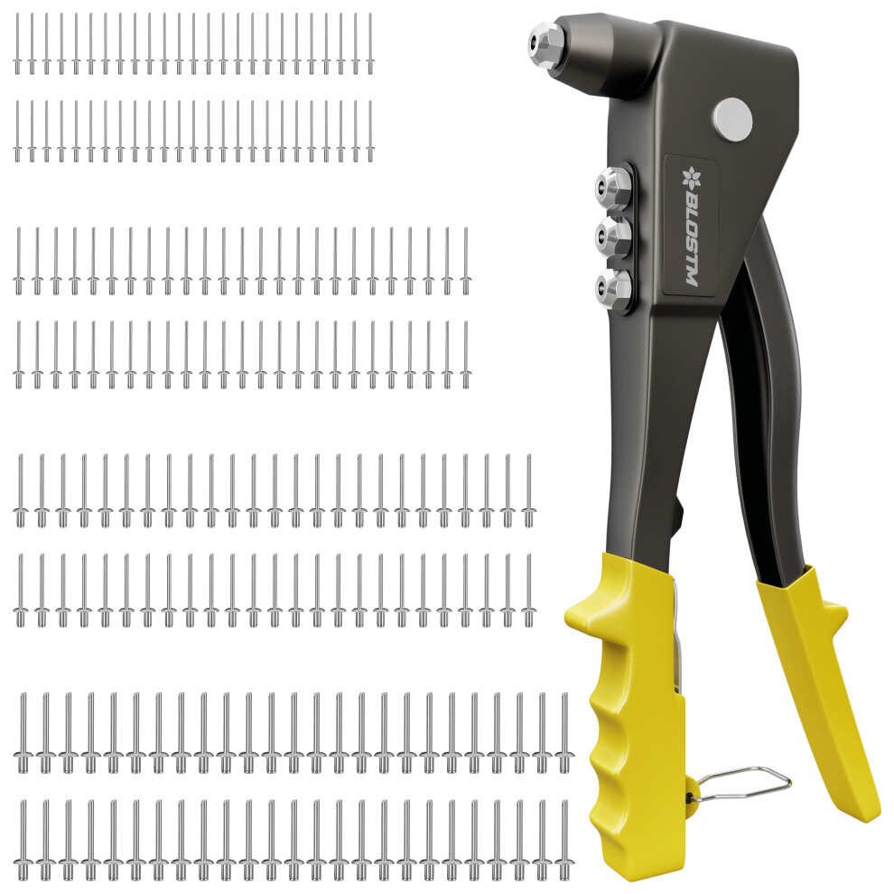 Heavy Duty Hand Pop Rivet Gun Tool Kit 200 Assorted Rivets 4 Nozzle Head Sizes