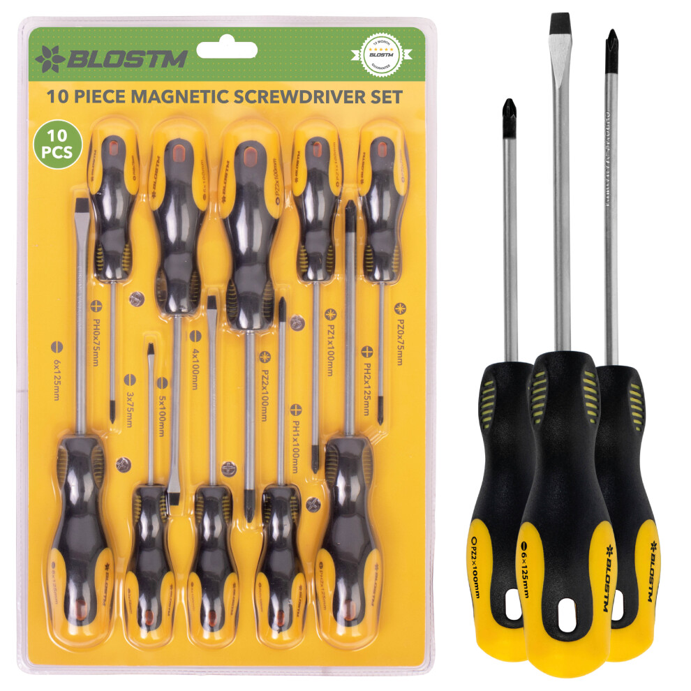 BLOSTM 10 Pc Magnetic Screwdriver Set Chrome Vanadium Steel Tip Various Sizes