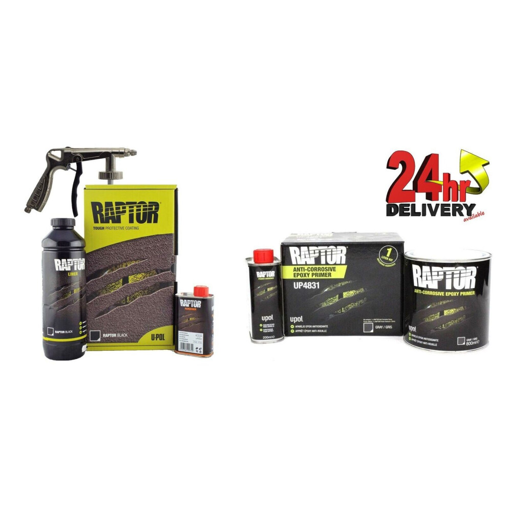 U-Pol Raptor Truck Bed Liner Kit 1L + Epoxy Primer Underbody Gun Upol Black 3872541439901
