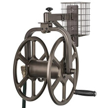 Liberty Garden 712 Single-Arm Navigator Multi-Directional Wall-Mount Hose Reel, Holds 125 ft of 5/8 in Hose, Bronze 18-Gauge Steel with Basket