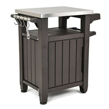 Keter Unity Portable Outdoor Table and Storage Cabinet with Hooks for Grill Accessories-Stainless Steel Top for Patio Kitchen Island or Bar Cart, Espr