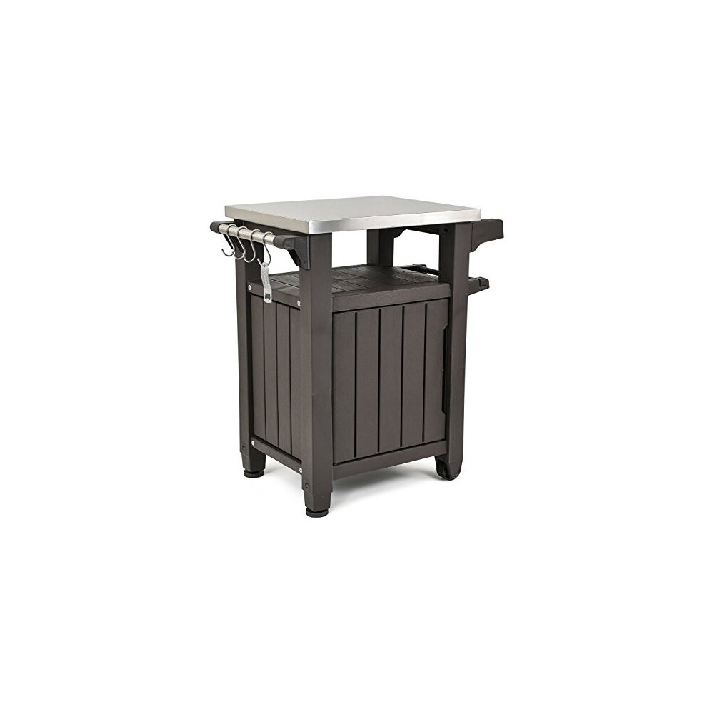 Keter Unity Portable Outdoor Table and Storage Cabinet with Hooks for Grill Accessories-Stainless Steel Top for Patio Kitchen Island or Bar Cart, Espr