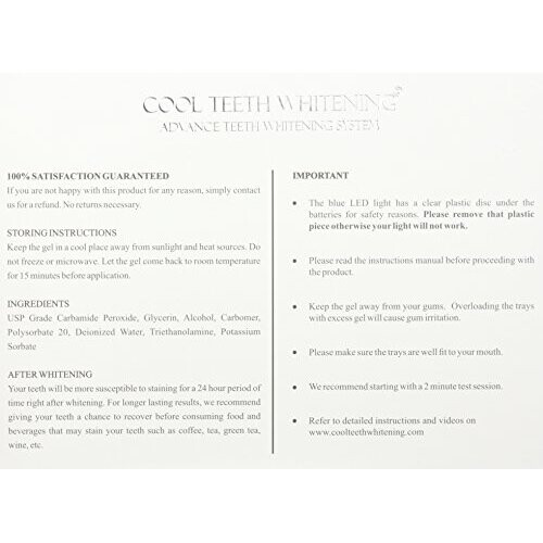 Cool Teeth Whitening Kit (10) Syringes of 44 Carbamide Peroxide Gel (1) LED Accelerator Light