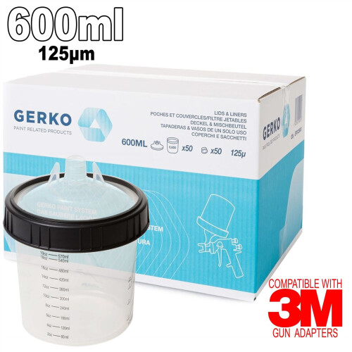 Gerko Paint Cups System 600ml x 50 Lids|Liners|1x Outer 125ppu PPS Spray Mixing