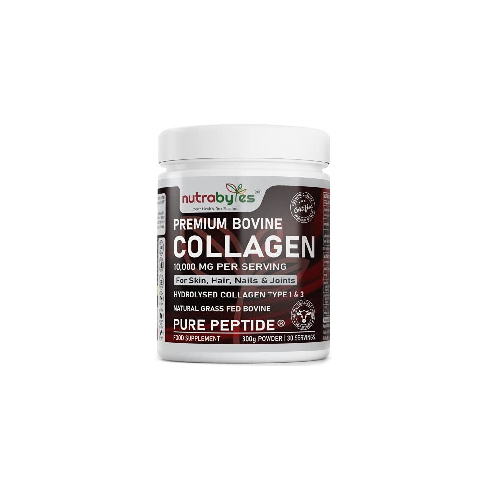 Nutrabytes Pure Hydrolysed Collagen Powder 10000Mg Bovine Type 1 & 3 Unflavoured|High Strength Protein Peptides For Women & Men|19 Amino Acids |Kosher & Halal