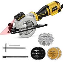 Mini Circular Saw, ENVENTOR 705W 3500RPM Compact Electric Circular Saw with Laser Guide, 6 Blades(115mm), Max Cutting Depth 42.8mm(90?), 28mm(45?),