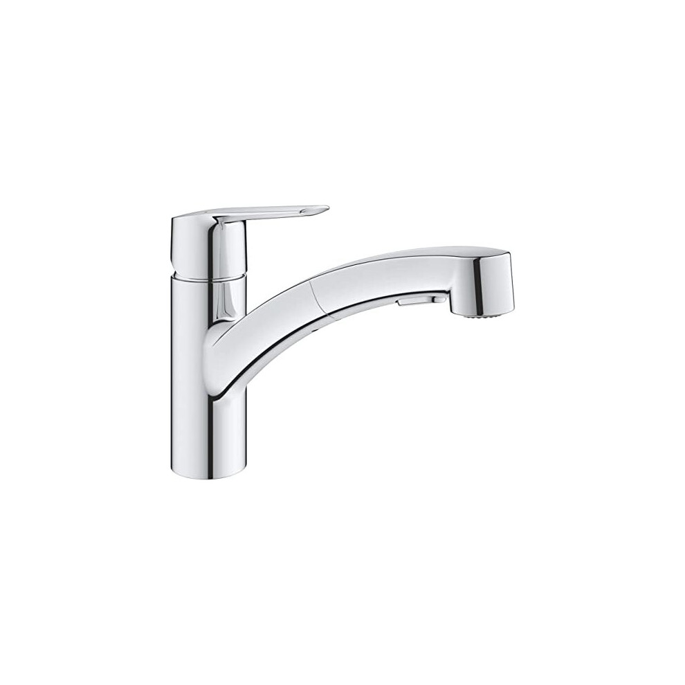 GROHE QUICKFIX Start - Kitchen Sink Tap Mixer with Pull-Out Dual Spray (Low Spout with 90? Swivel Area, 1-Hole Easy Install with Fast Fixation,
