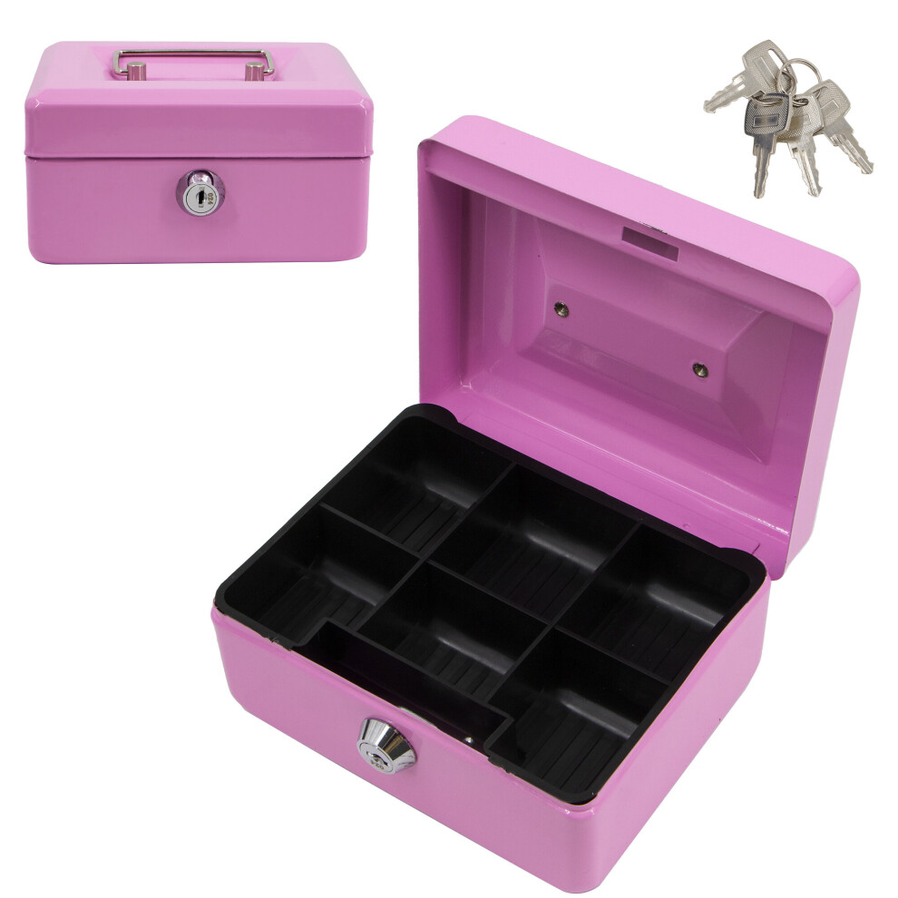 (6"   Pink Keys) Time to Sparkle Metal Cash Box in Steel Metal Cash Safe Security Petty Tin With Lock