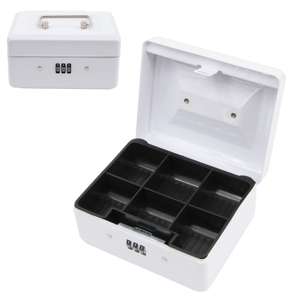(6"  White Code) Time to Sparkle Metal Cash Box in Steel Metal Cash Safe Security Petty Tin With Lock