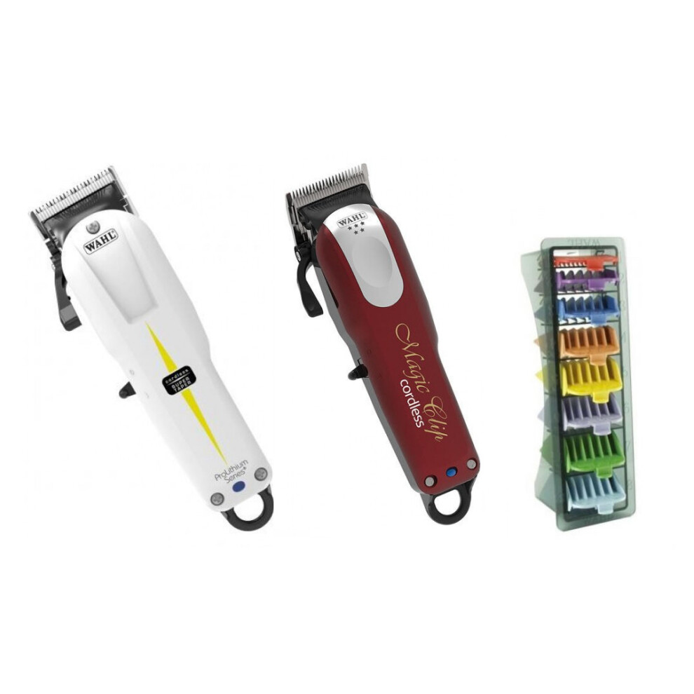 Wahl Cordless Super Taper Clipper, Cordless Magic Clipper and 1-8 Coloured Clipper Comb Set