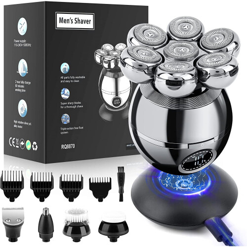 7-in-1 Head Shaver for Bald Men - Wet/Dry Cordless Skull Shaver with 7D Floating Head, Nose Trim, Body & Sideburn Trimmers, Facial Brush, USB-C