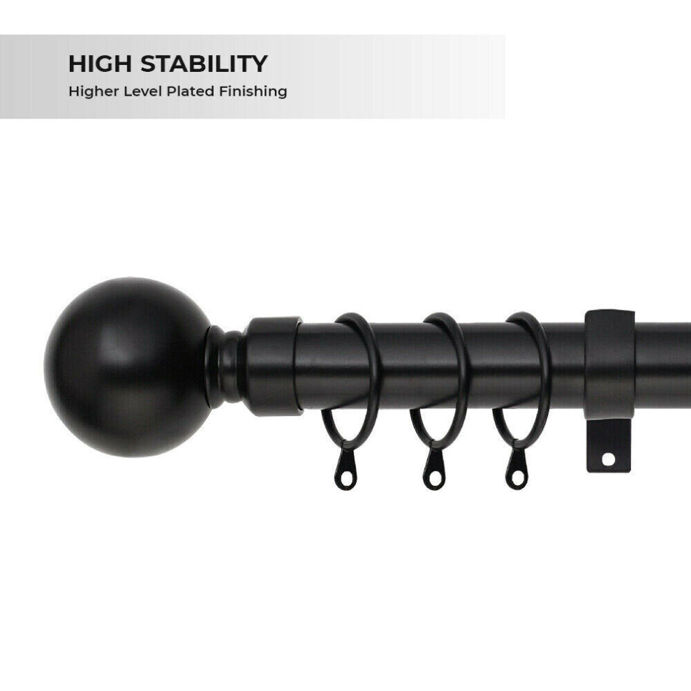 Oxford Homeware (Matt Plain Ball, 120-210 Cm (48" - 83" In)) Metal Curtain Pole & Hold Backs Extendable Curtain Pole 28Mm With Curtain Rings Finials Brackets Ro Black