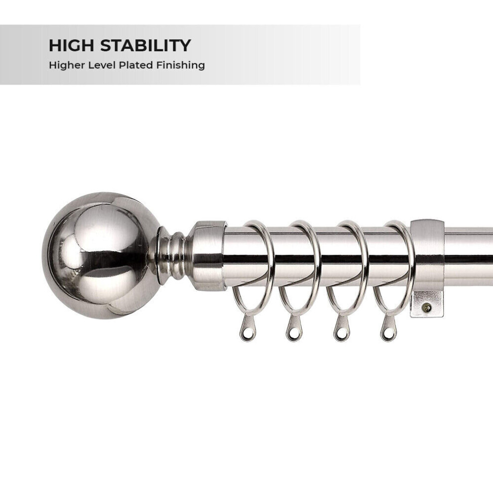 (Brushed Silver Plain Ball, 120-210 cm (48" - 83" In)) Metal Curtain Pole & Hold Backs Extendable Curtain Pole 28mm with Curtain Rings Finials Brackets Rod Fittings OR Curtain Holdback Pair