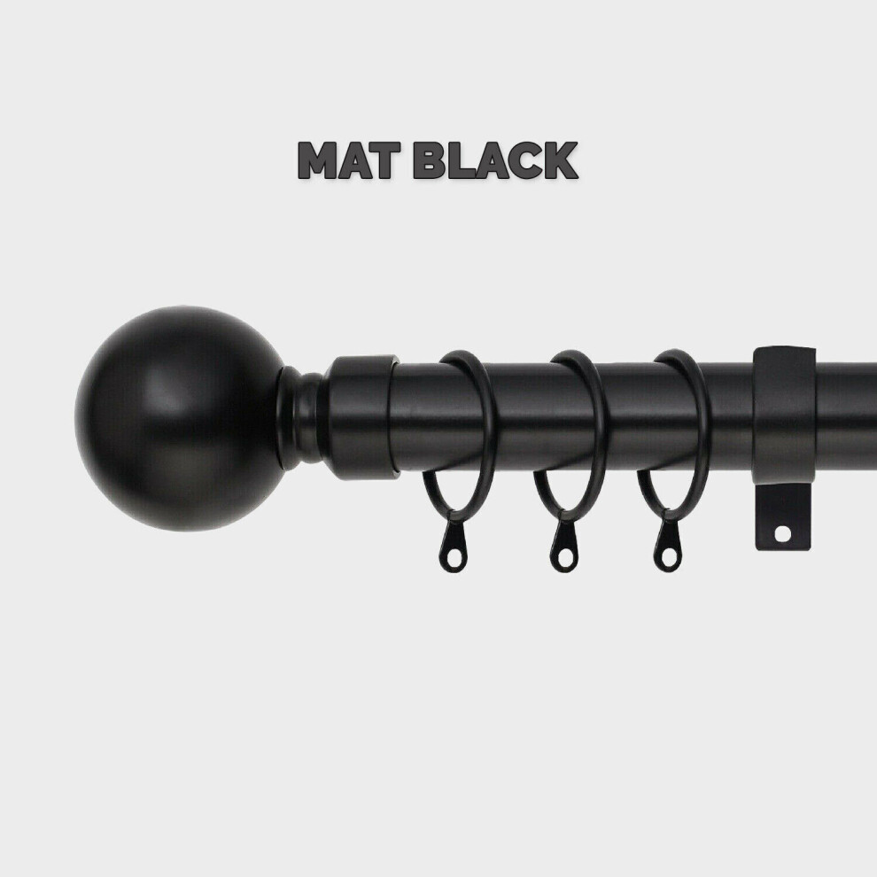 (Matt Black Plain Ball, 160-300 cm (63" - 118" In)) Metal Curtain Pole & Hold Backs Extendable Curtain Pole 28mm with Curtain Rings Finials Brackets R