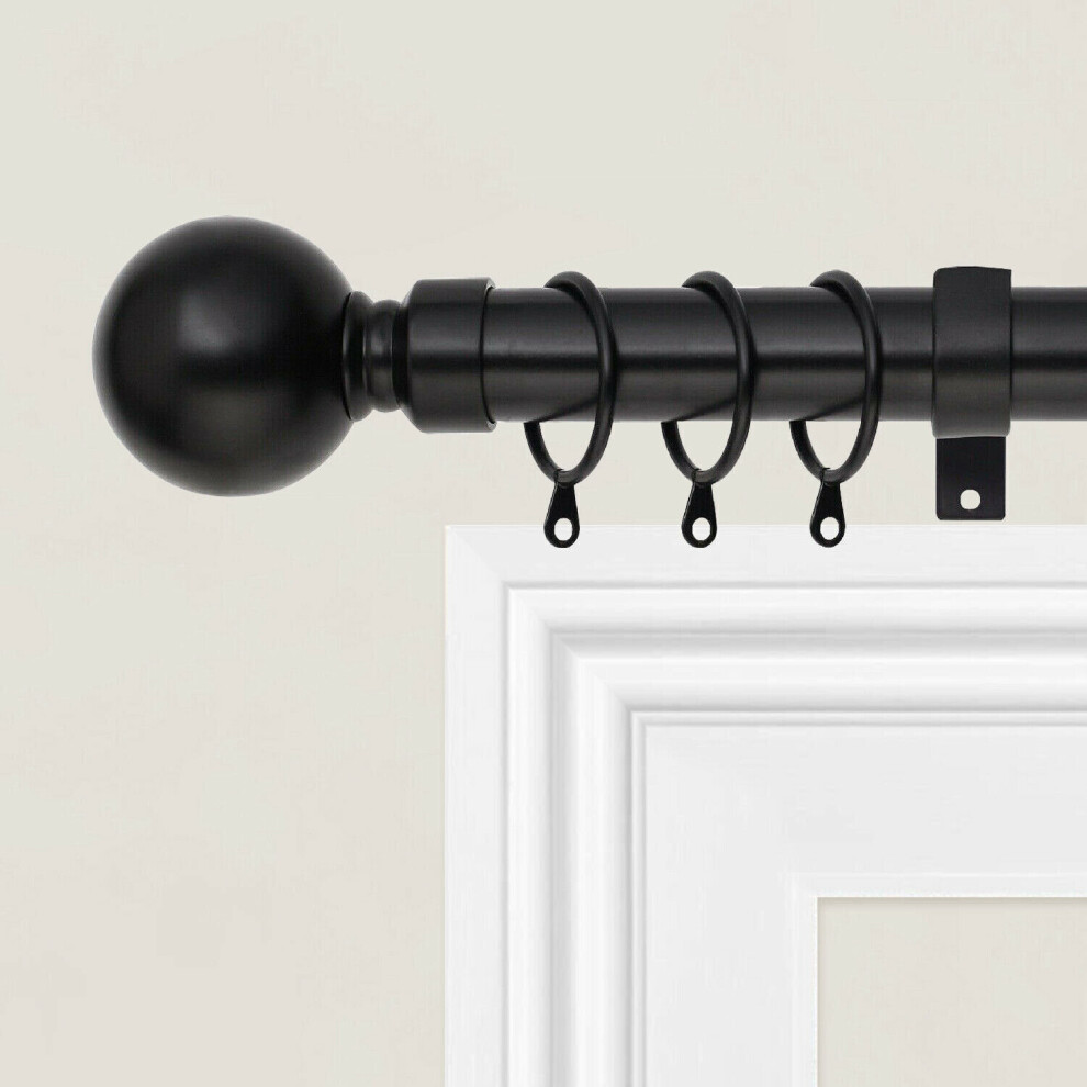 (Matt Black Plain Ball, 70-120 cm (28" - 48" In)) Metal Curtain Pole & Hold Backs Extendable Curtain Pole 28mm with Curtain Rings Finials Brackets Rod Fittings OR Curtain Holdback Pair