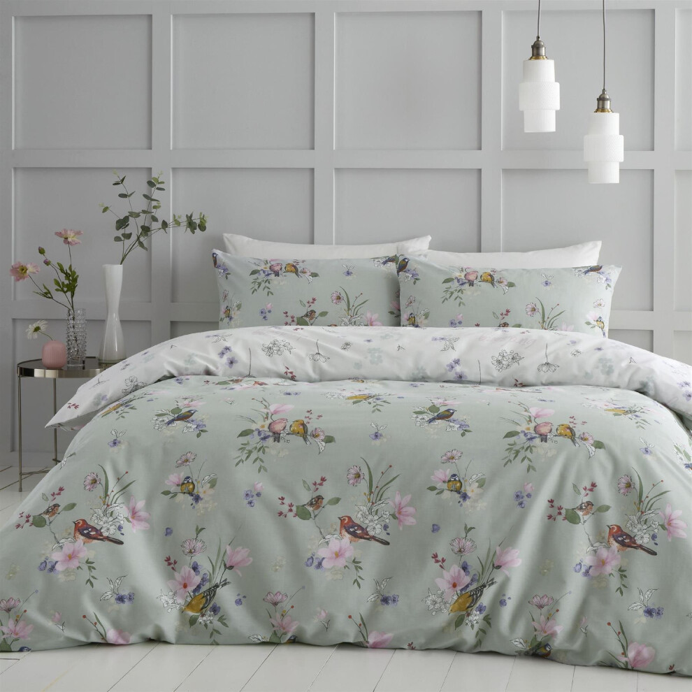 (Green, King) Catherine Lansfield Songbird Reversible Duvet Cover Set