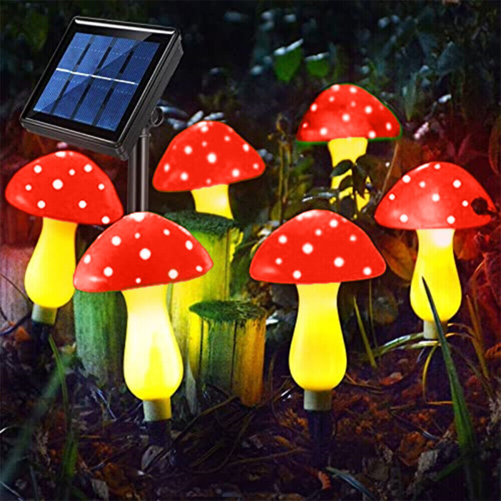 (Red) 6PCS Solar Mushroom Fairy String Lights LED Outdoor Garden Ornament Statues Yard