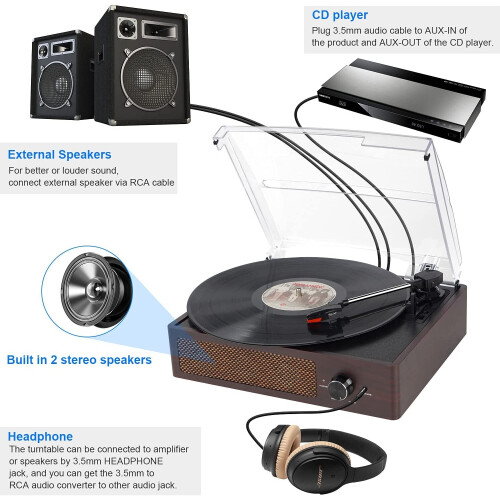 (Brown) DIGITNOW Vinyl Turntable Bluetooth Record Player 3-Speed 1