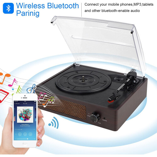 (Brown) DIGITNOW Vinyl Turntable Bluetooth Record Player 3-Speed 2