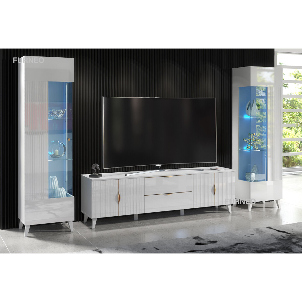 (RGB (multicoloured) LED Lights) White Living Room Set High Gloss & Matt TV Stand Display Cabinets Azzurro10/12 LED Lights