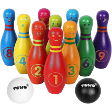Towo Wooden Skittles For Children - Wooden Skittle Set With Facial Emotions And Numbers - 10 Pin Bowling Set For Kids Indoor And Garden Toys - Wooden