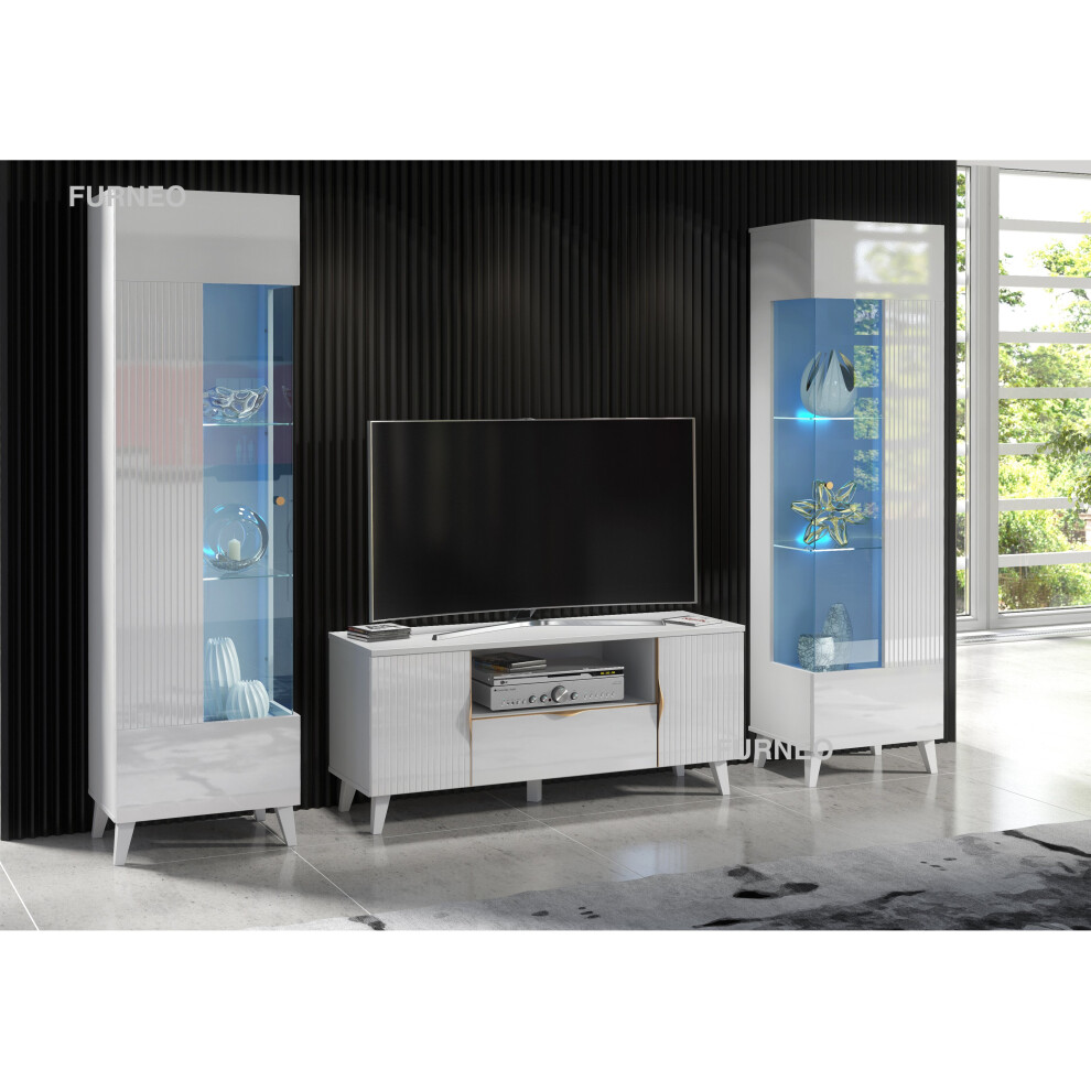 (RGB (multicoloured) LED Lights) White Living Room Set High Gloss & Matt TV Stand Display Cabinets Azzurro8/12 LED Lights