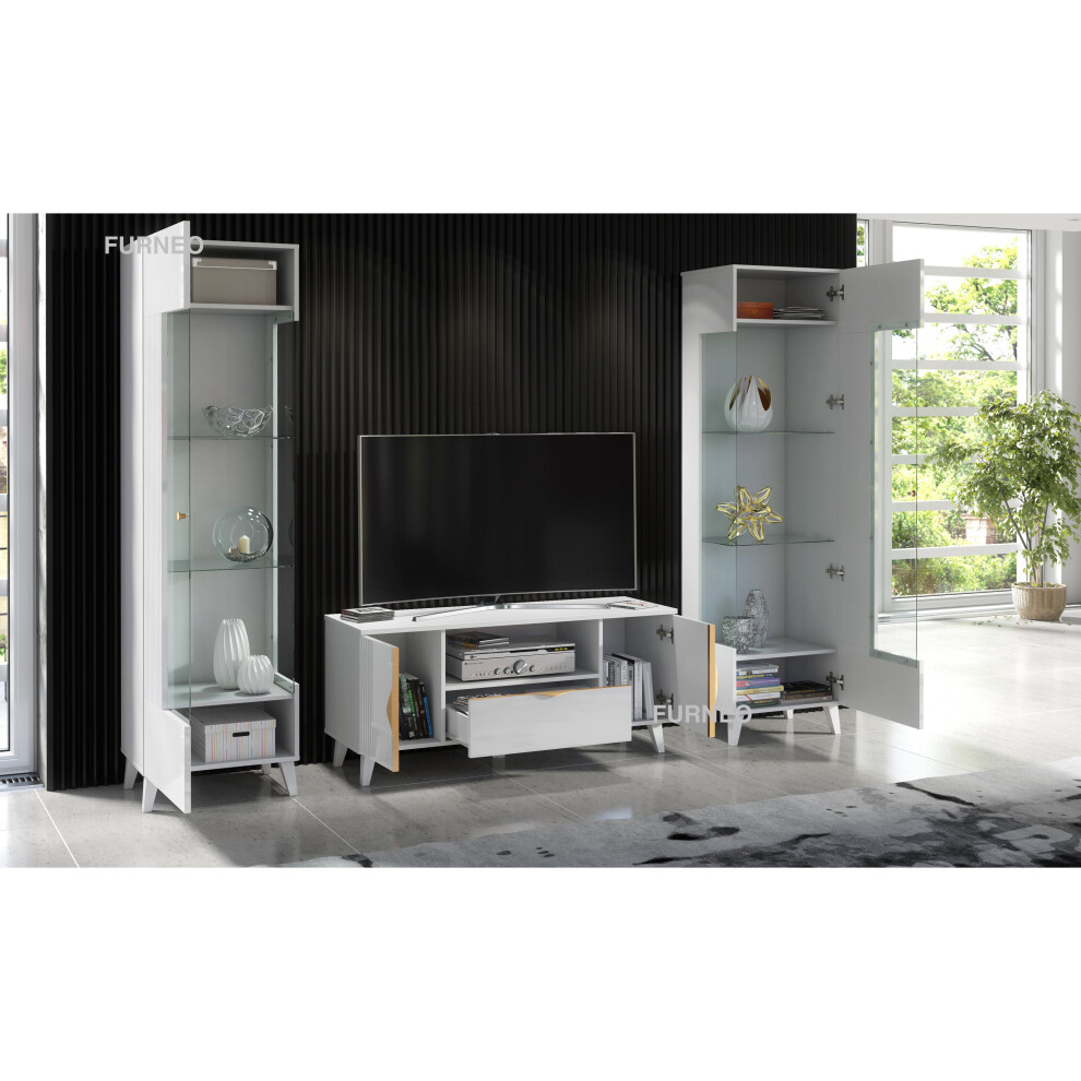 (White LED Lights) White Living Room Set High Gloss & Matt TV Stand Display Cabinets Azzurro8/12 LED Lights