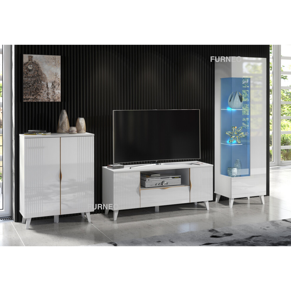 (White LED Lights) White Living Room Set High Gloss & Matt TV Stand Display Cabinet Sideboard Azzurro8/12/14 LED Lights