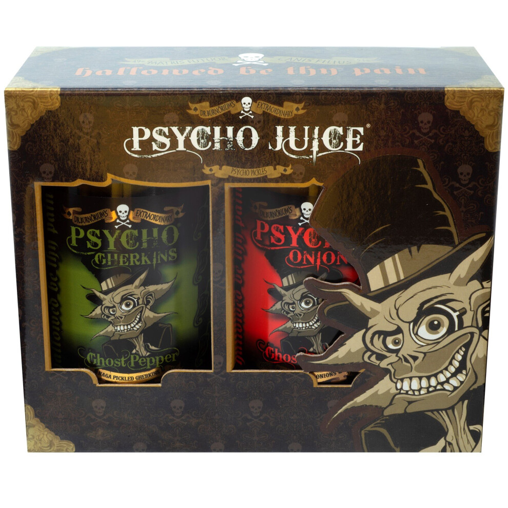 Psycho Juice Psycho Pickles Ghost Pepper Chilli Gherkins & Onions Gift Boxed Combo 2 X 450G