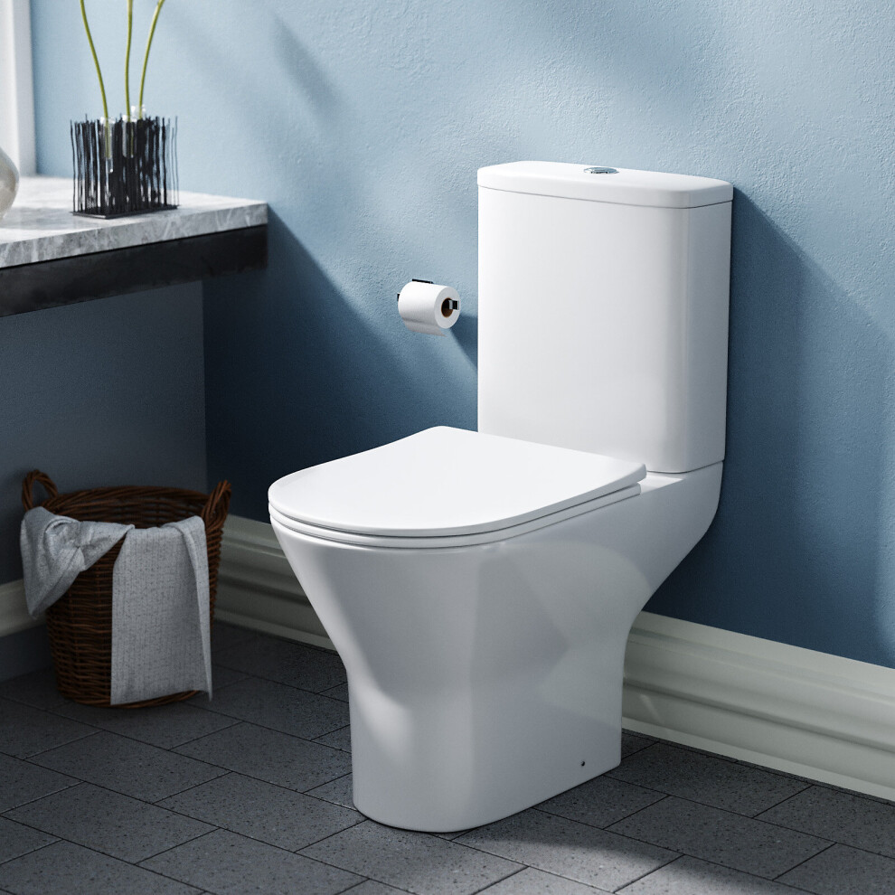 Theo Contemporary Round Rimless Close Coupled Toilet With Soft Close Seat