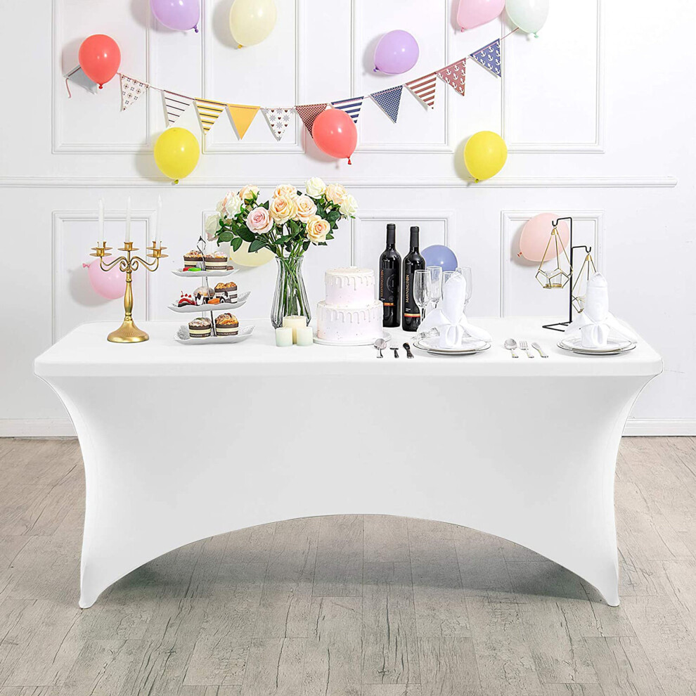(6ft White, 10) Time to Sparkle Stretch Spandex Table Cover for Folding Tables Universal Rectangular Fitted Tablecloth Protector for Wedding, Banquet and Party