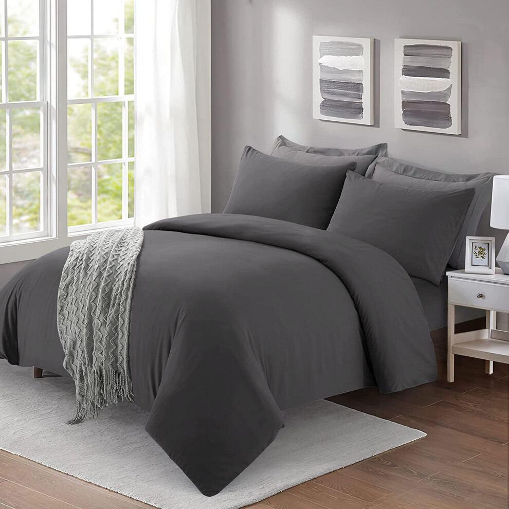 (SINGLE, CHARCOAL) Plain Duvet Quilt Covers Reversible Bedding Set