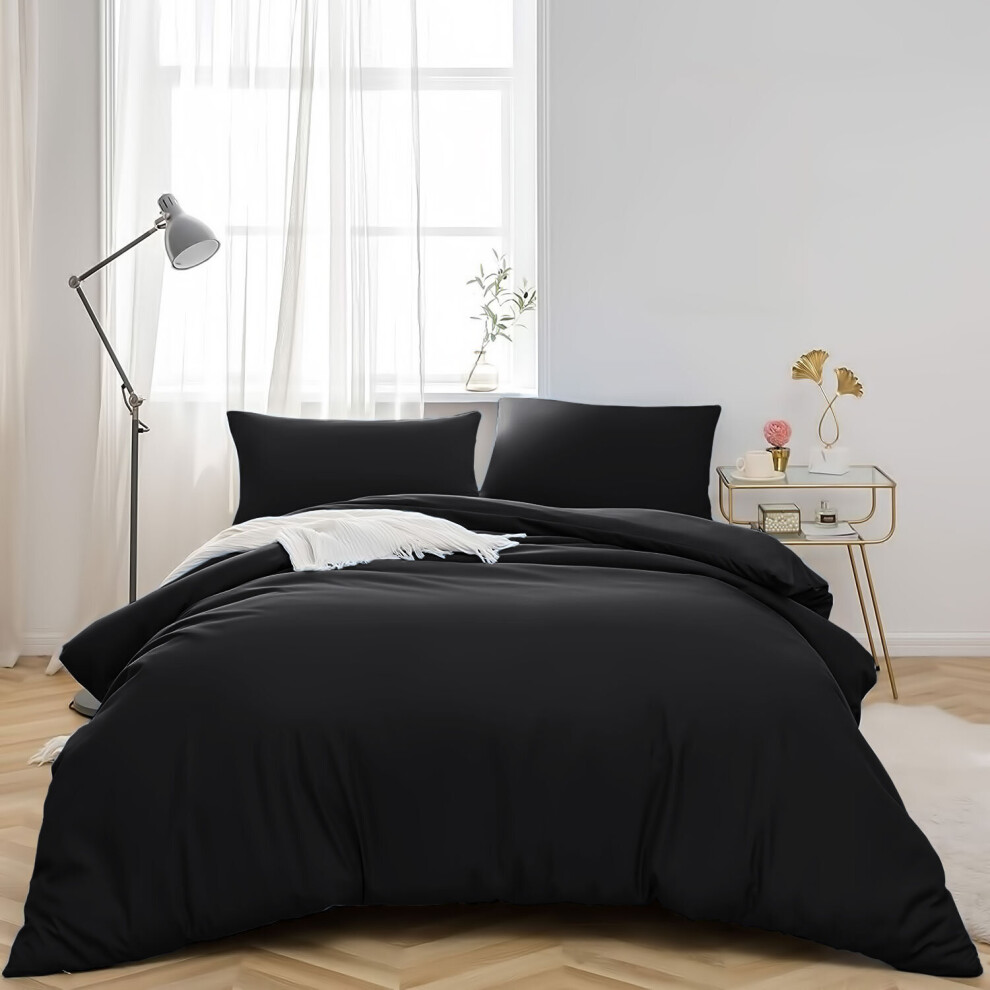 (SINGLE, BLACK) Plain Duvet Quilt Covers Reversible Bedding Set