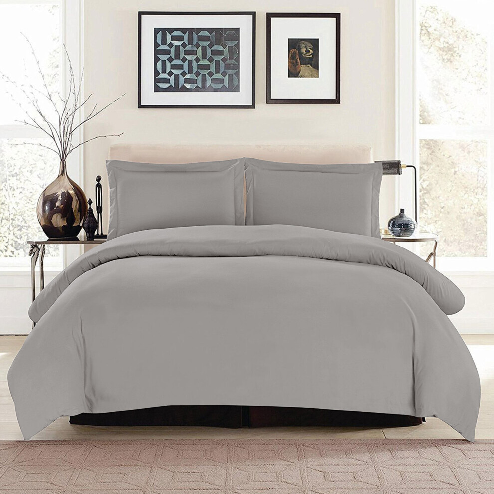 (DOUBLE, GREY) Plain Duvet Quilt Covers Reversible Bedding Set