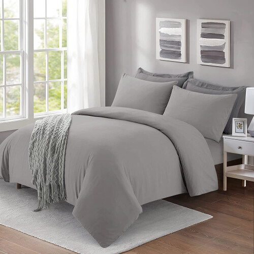 (KING, GREY) Plain Duvet Quilt Covers Reversible Bedding Set 2